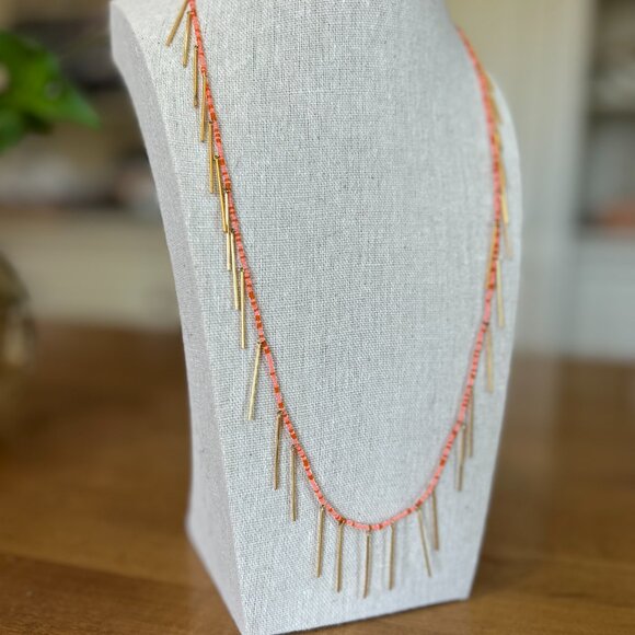 gorjana Orange Beaded Long Necklace with Gold Fringe Bars Fiesta Fun MSRP $68 - Picture 2 of 6